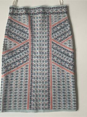 BCBGMaxAzria Light Blue Knit Pencil Skirt with Coral and Navy Accents
